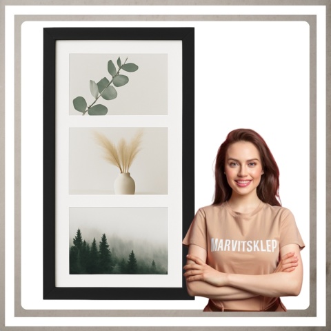 Ramka potrójna na 3 zdjęcia obrazy rysunki multiramka 20,5 x 37,5 cm Czarna