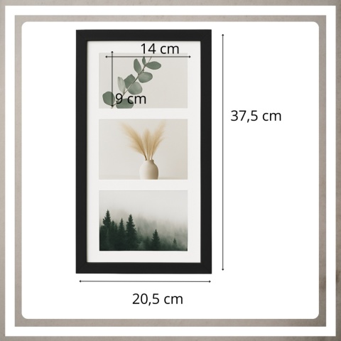 Ramka potrójna na 3 zdjęcia obrazy rysunki multiramka 20,5 x 37,5 cm Czarna