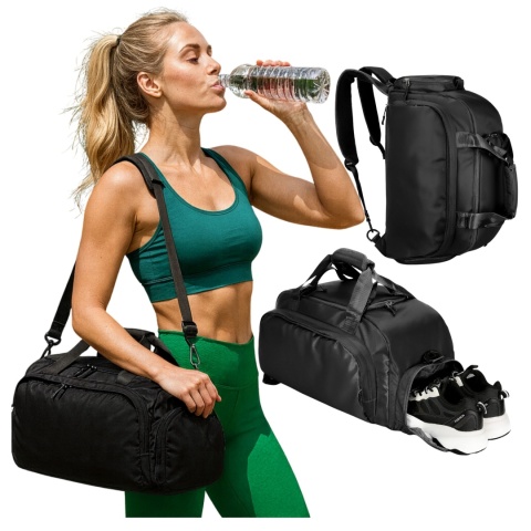 Torba sportowa fitnes na trening siłownię podróż na ramię pojemna Czarna